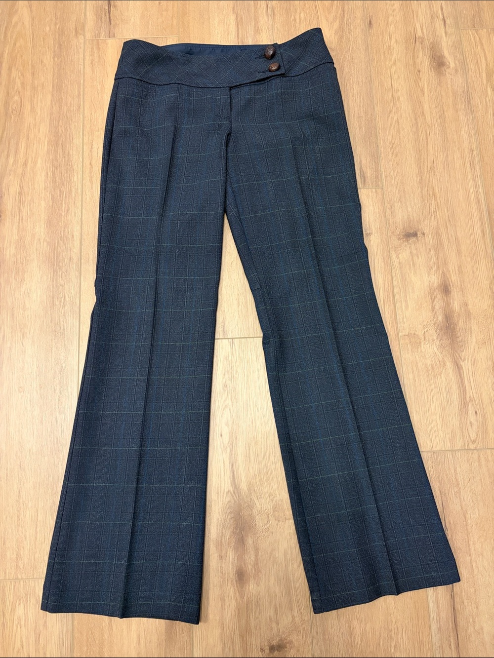 Nanette Lepore Mid Rise Navy Plaid Wide-Leg Trousers